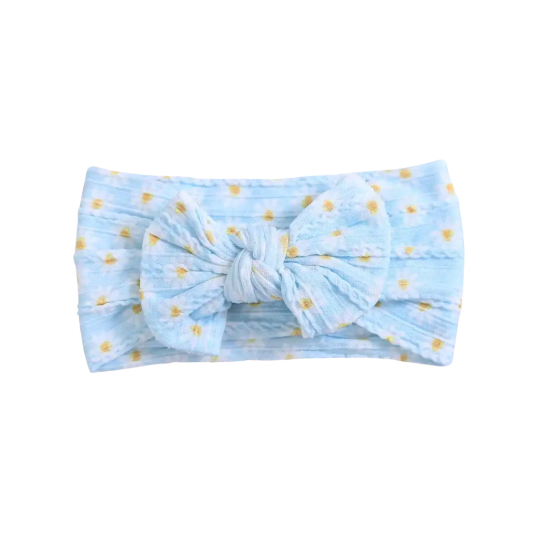 Cyan floral pattern - Baby cable bow headband