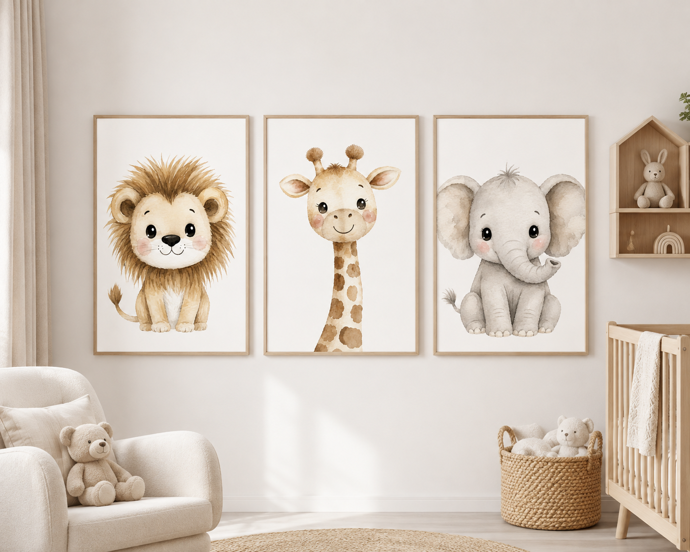 Watercolor Safari Animals Set of 3 – Lion, Giraffe & Elephant A3 Digital Prints