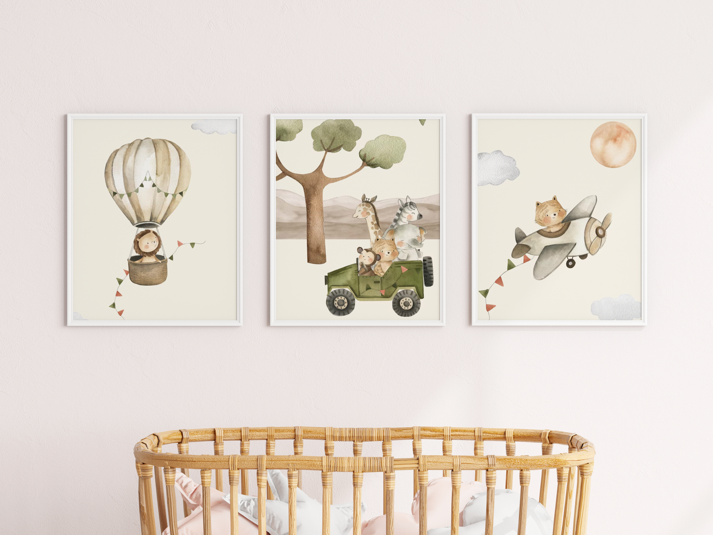 Set of three A3 posters - Safari Adventure | Hot Air Balloon Airplane Car |
