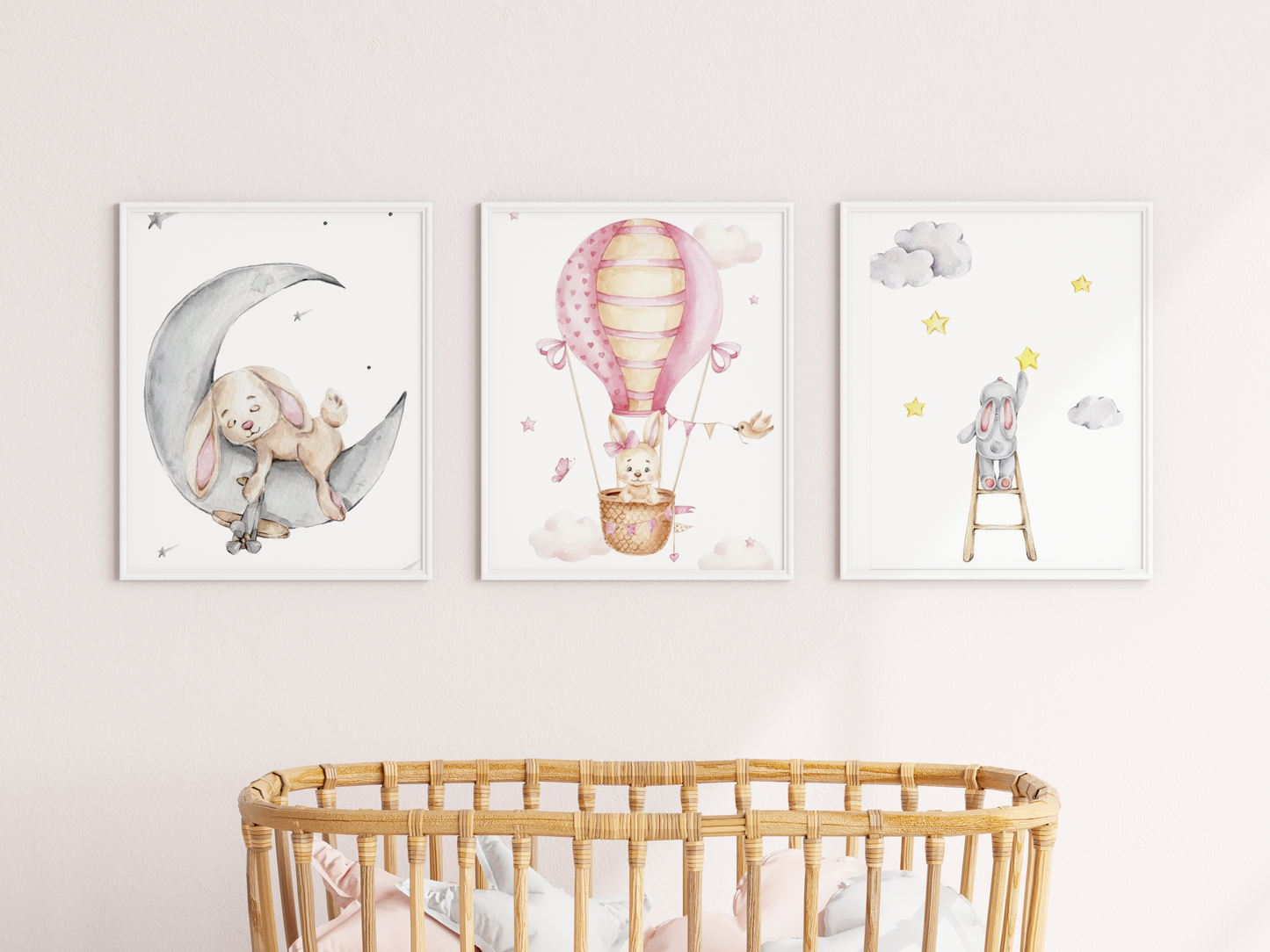 Set of three A3 posters - Rabbit on the moon | Rabbit in a hot air balloon | Rabbit on the ladder