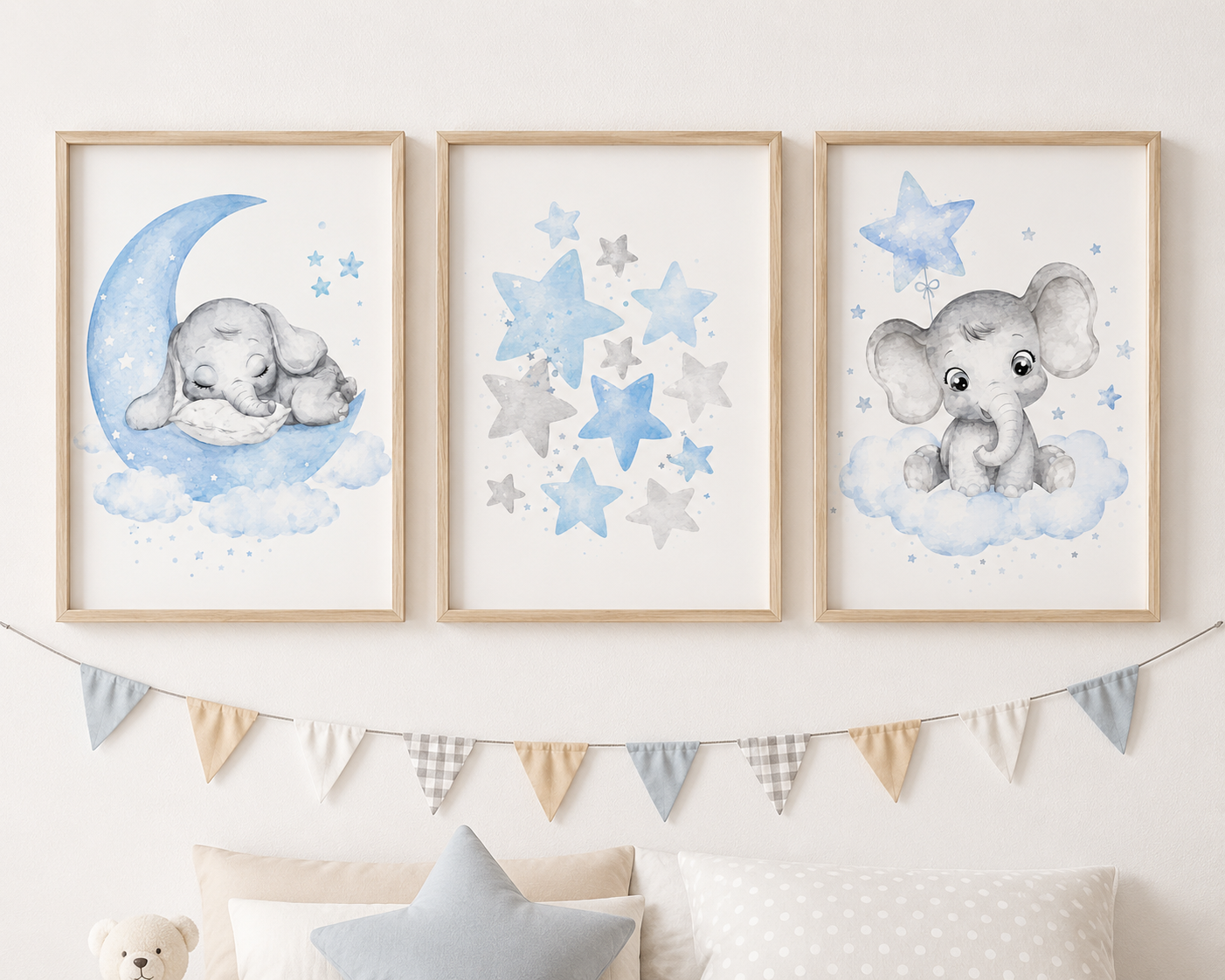 Watercolor light blue elephant set of 3 – Digital Prints