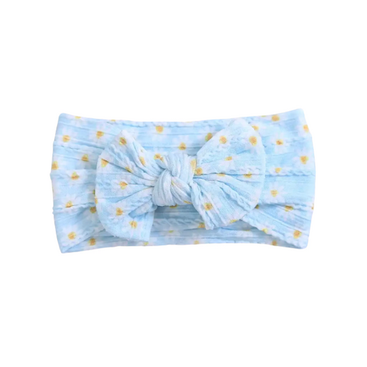 Cyan floral pattern - Baby cable bow headband