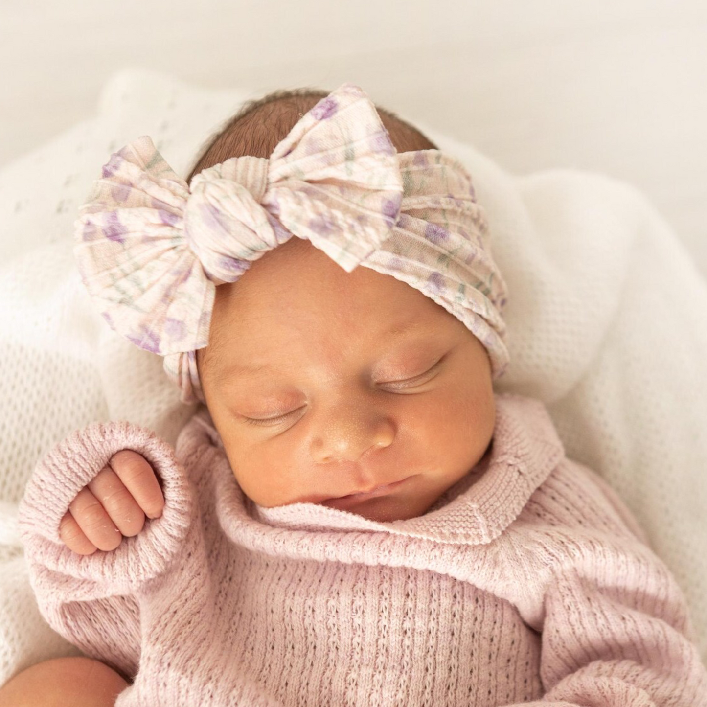 Mauve tulip pattern - Baby cable bow headband