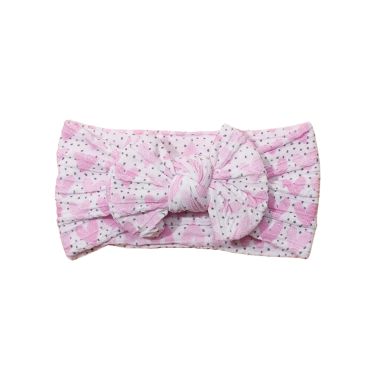 Soft pink hearts dotted - Baby cable bow headband